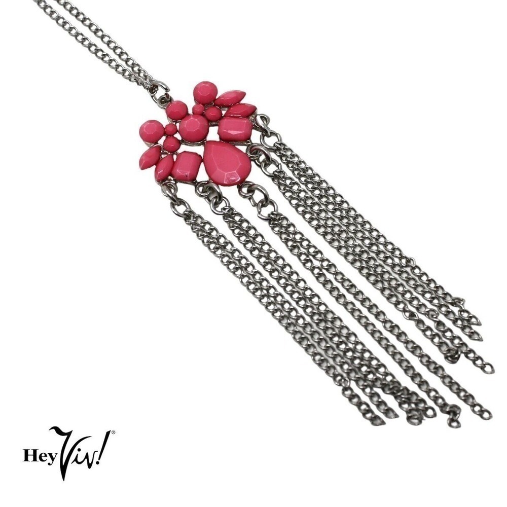Vintage Silver and Pink Bead Fringed Drop Pendant Necklace w 23" Chain - Hey Viv